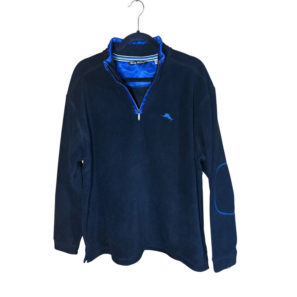 Tommy Bahama Mens Navy Blue Quarter Zip Fleece Pullover Marlin Logo Size Large